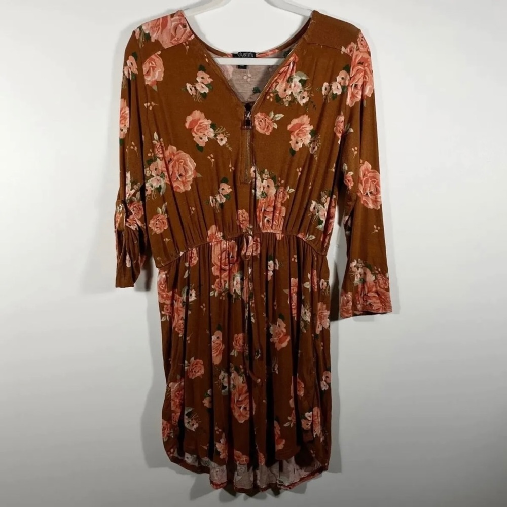 J for Justify Juniors Dress Sz M Orange Floral Print Zip Elastic Waist